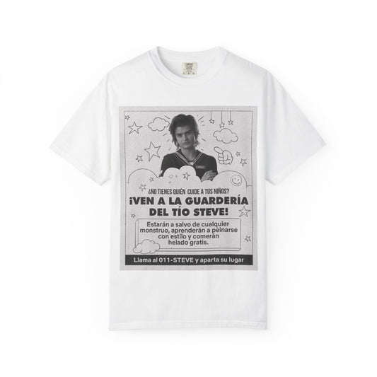 Vintage Spanish Ad Graphic T-Shirt — "¡Ven a la Guardería del Tío Steve!"