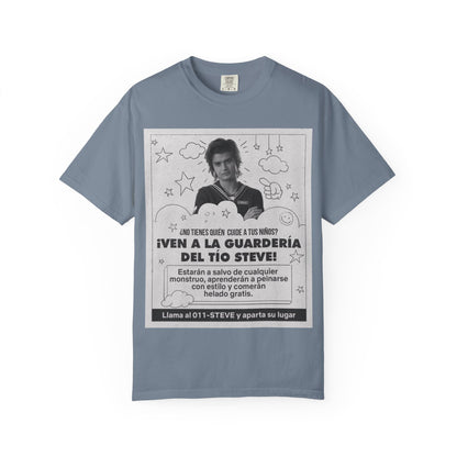 Vintage Spanish Ad Graphic T-Shirt — "¡Ven a la Guardería del Tío Steve!"